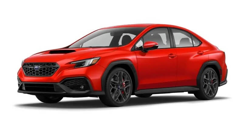 Vue 3/4 avant du Subaru WRX RS rouge.