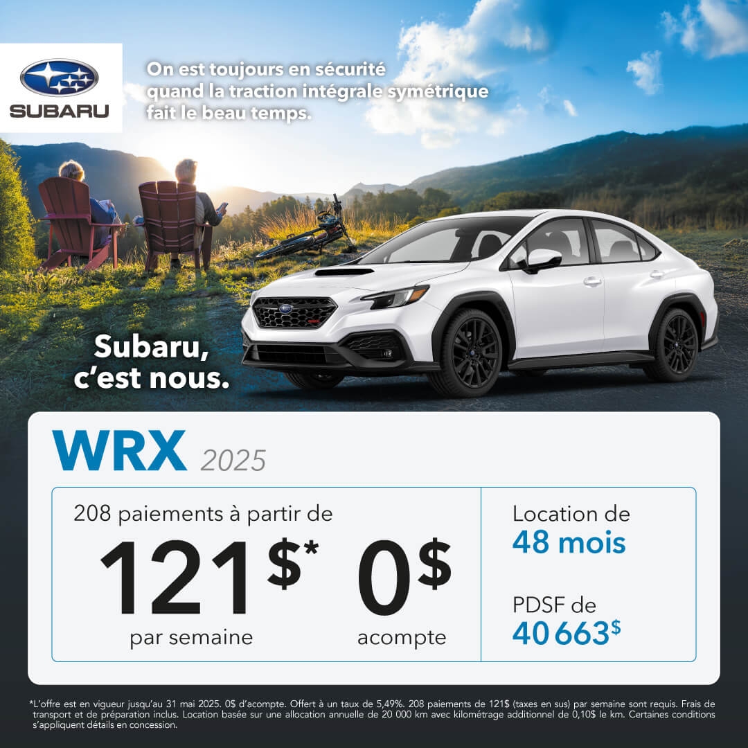 Promotion du mois pour la Subaru WRX chez Desjardins Subaru