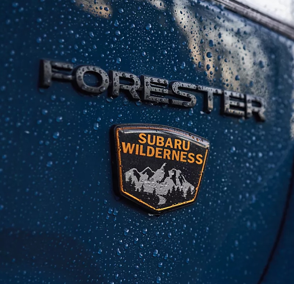 Gros plan du logo Subaru Wilderness et de l’emblème Forester sur une carrosserie bleue mouillée par la pluie.