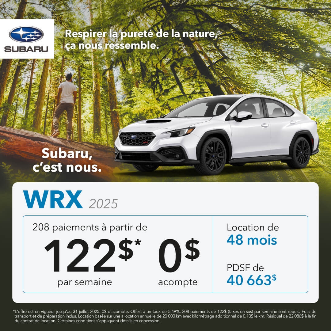 Promotion du mois pour la Subaru WRX chez Desjardins Subaru