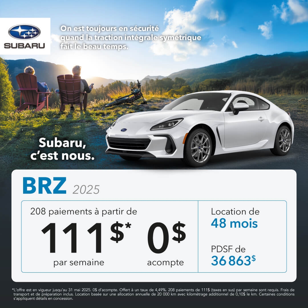 Promotion du mois pour la Subaru BRZ chez Desjardins Subaru