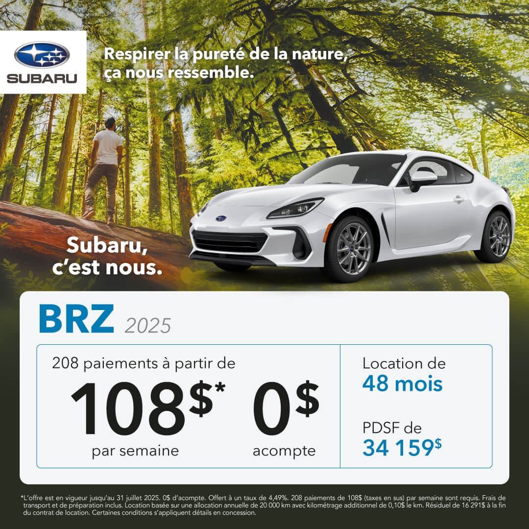 Promotion du mois pour la Subaru BRZ chez Desjardins Subaru
