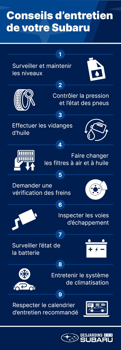 Infographie sur les 9 conseil pour entretenir votre Subaru.