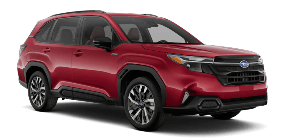 Vue 3/4 avant et latérale du Subaru Forester Hybride 2025